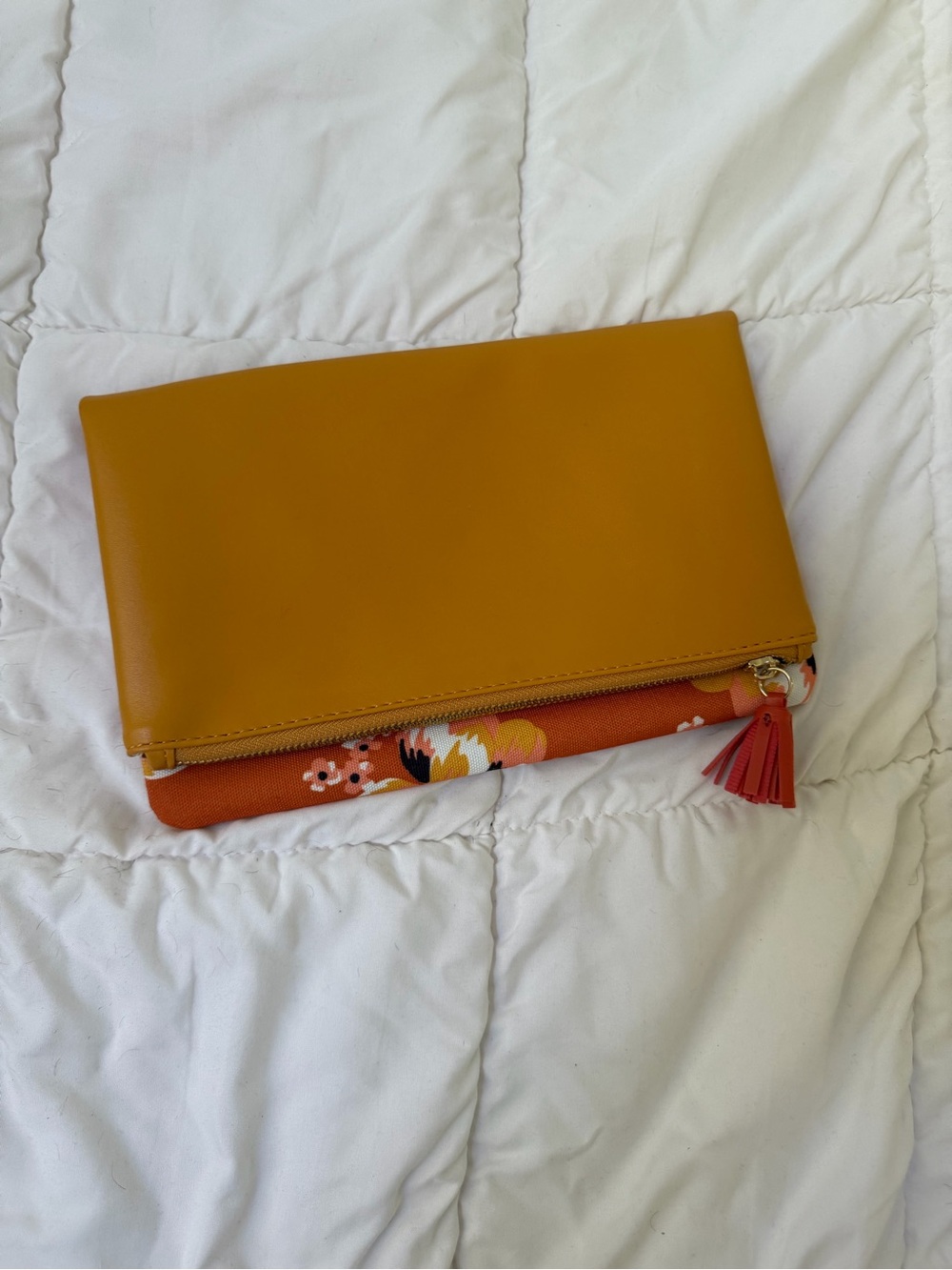 Mustard Yellow Foldover Clutch Bag with Floral Accent